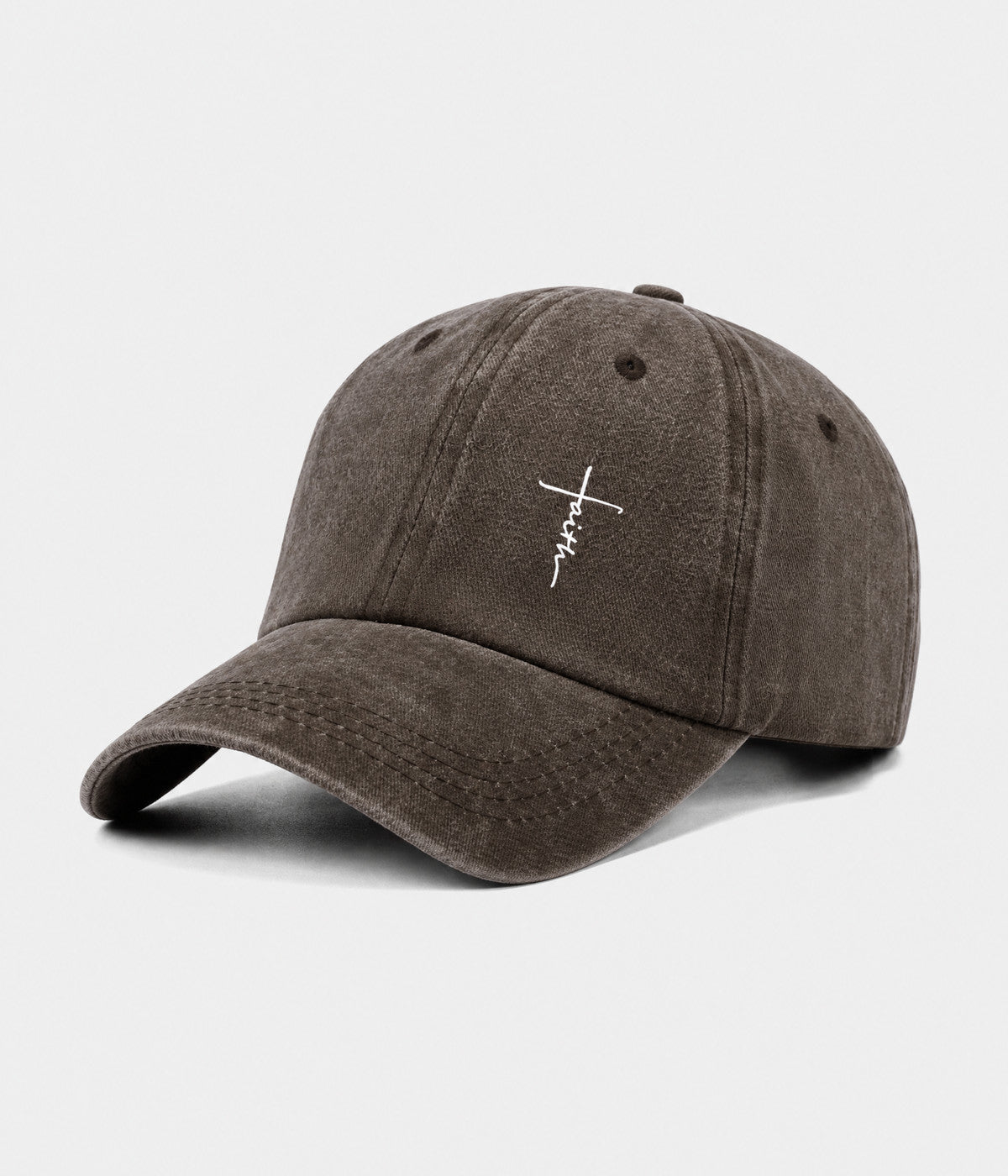 FAITH CROSS. washed cotton cap in COFFEE, side view