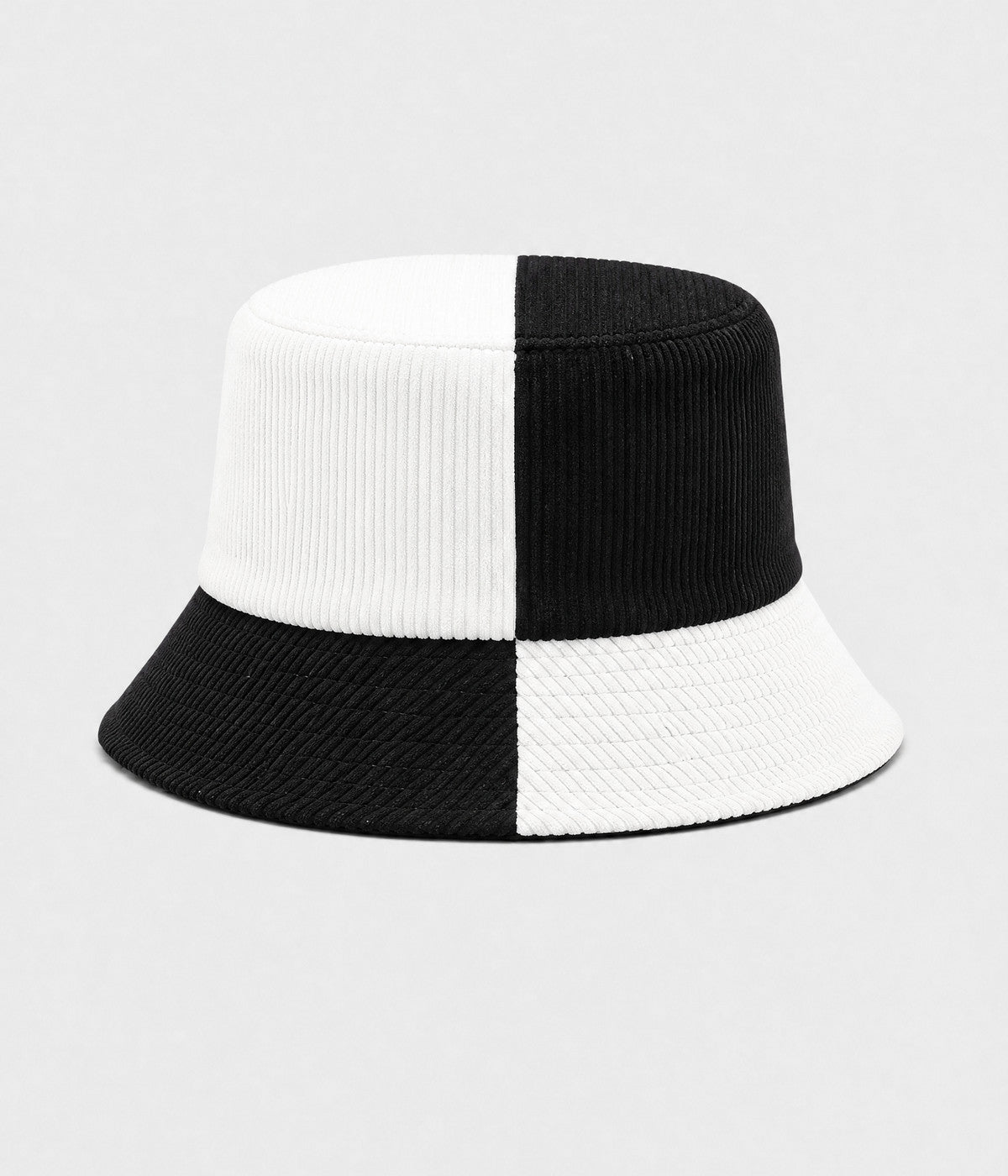 PATCHWORK BUCKET. corduroy bucket hat in BLACK WHITE, front view