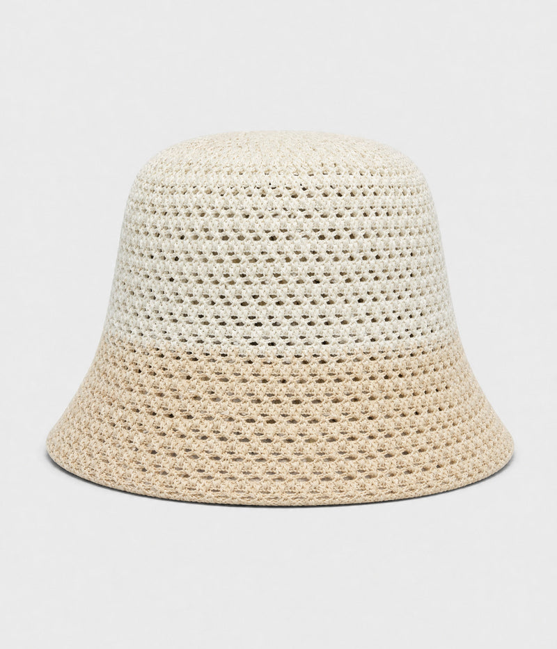 CROCHET BUCKET. open crochet cloche bucket hat in beige, front view