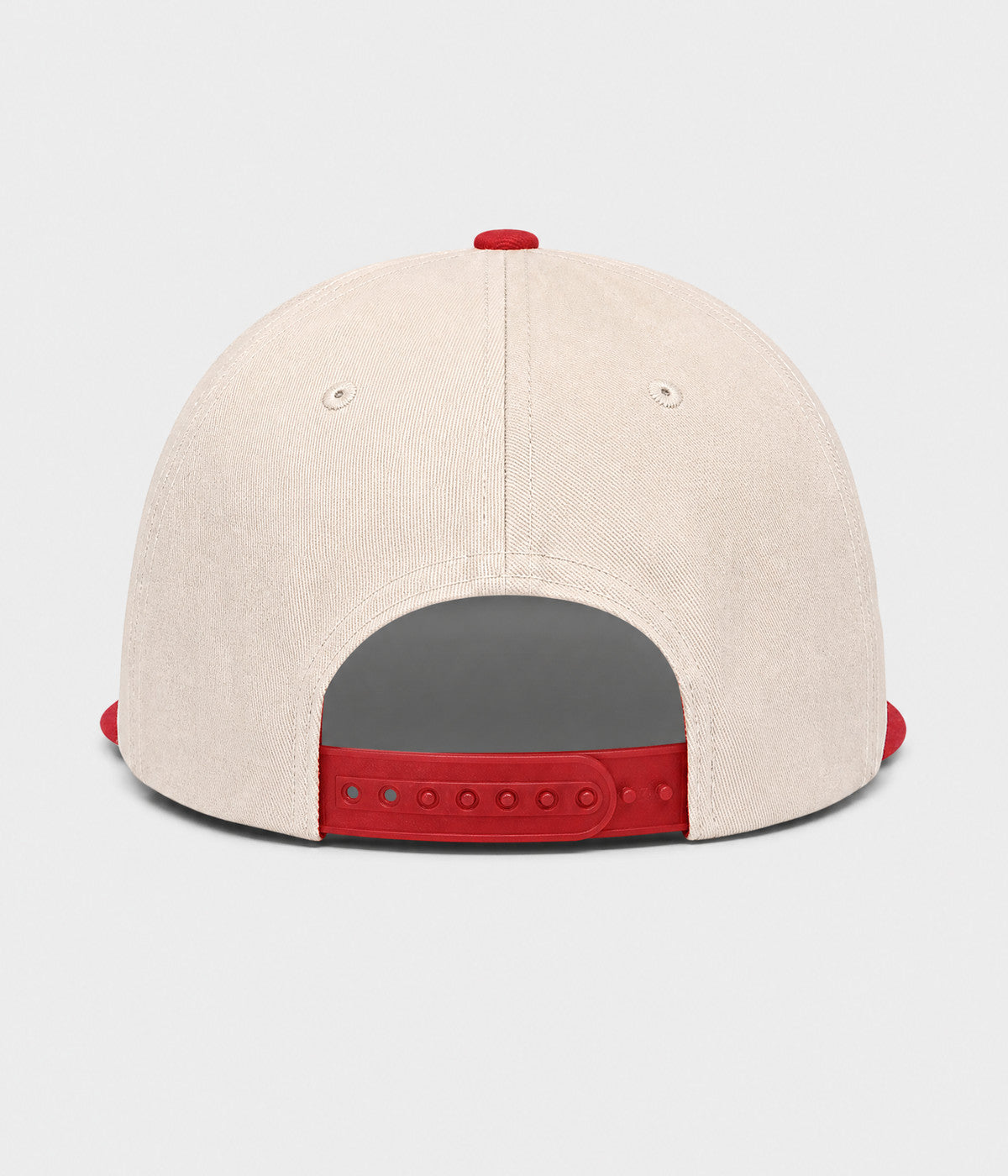 GOOD THINGS TAKE TIME SNAPBACK. cream cotton snapback with RED visor, back view