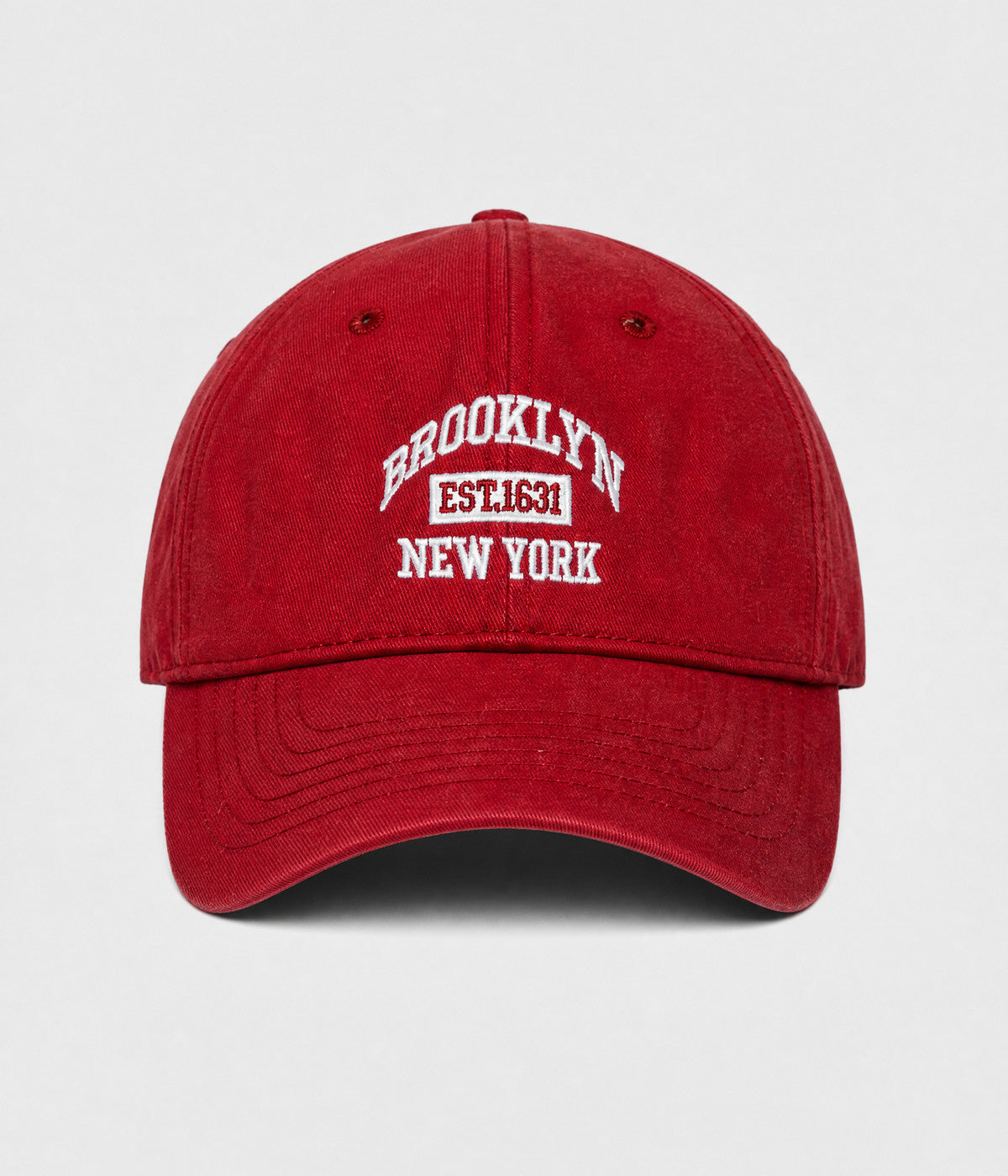 BROOKLYN NY. washed cotton dad cap in red, front view
