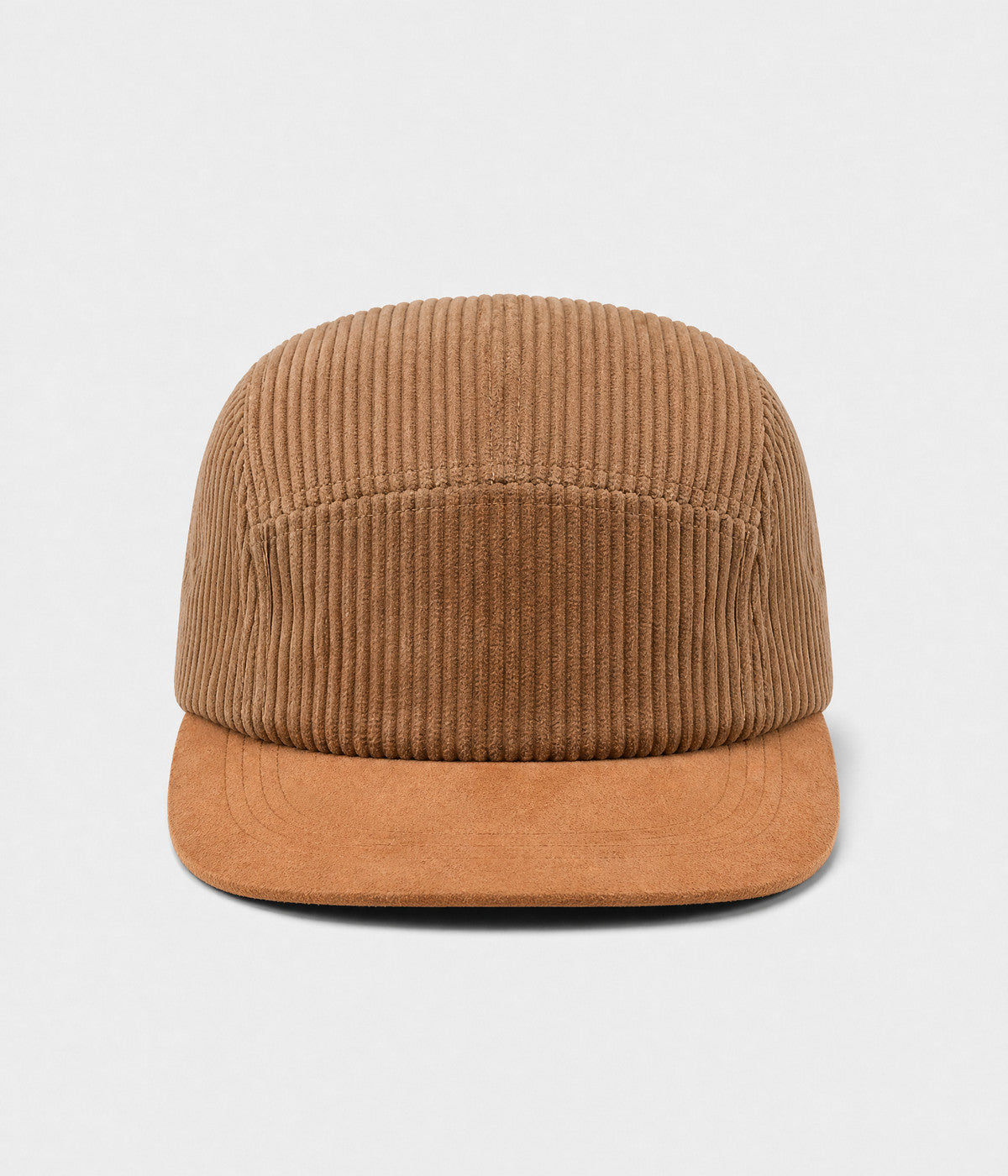 CORDUROY CAMP. wide-wale corduroy five-panel camp cap in khaki, front view