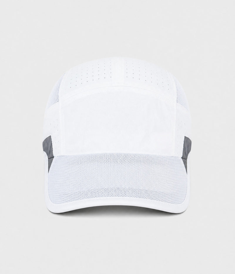 RUNNER CAP. perforated quick-dry running cap in white, front view