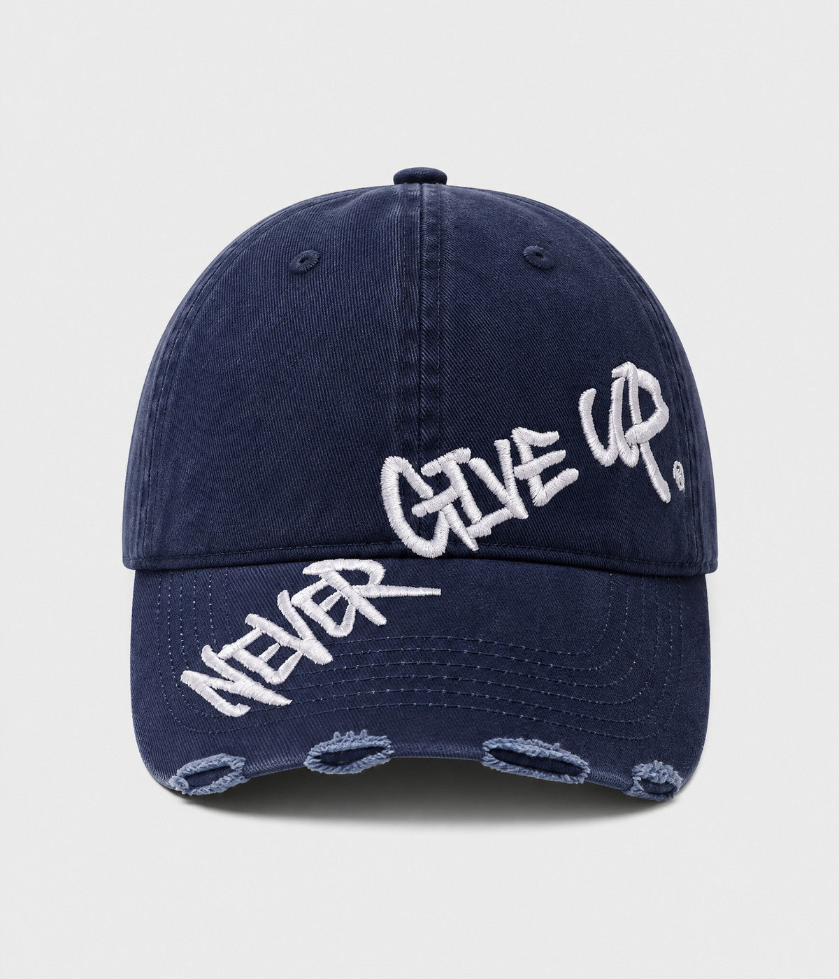 NEVER GIVE UP. washed distressed cotton dad cap in NAVY, front view