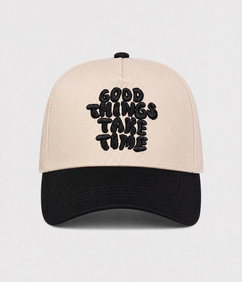 GOOD THINGS TAKE TIME SNAPBACK. cream cotton snapback with BLACK visor, front view