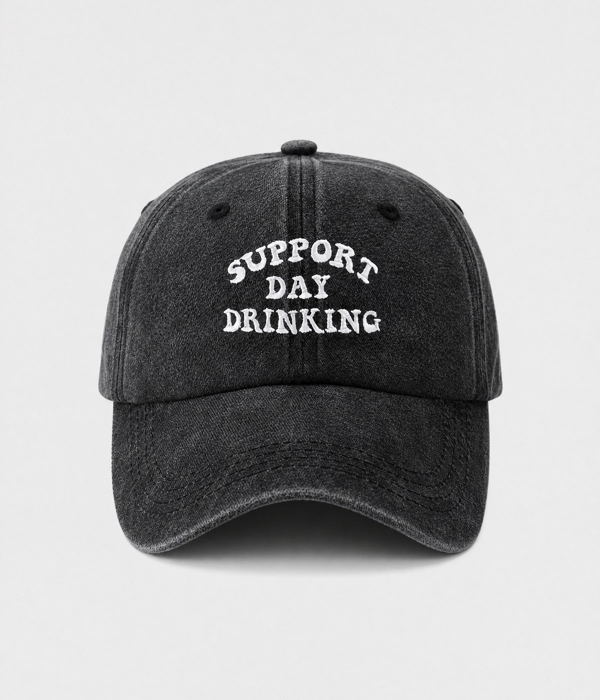 SUPPORT DAY DRINKING. washed cotton cap in BLACK, front view