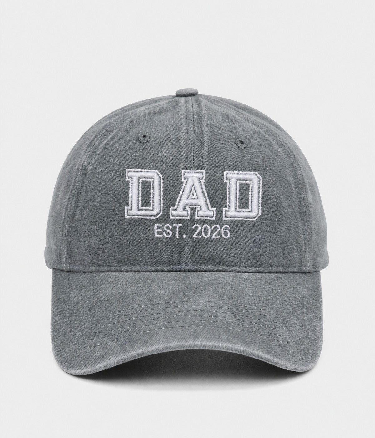 WASHED DAD EST 2026. washed cotton dad cap in GRAY, front view