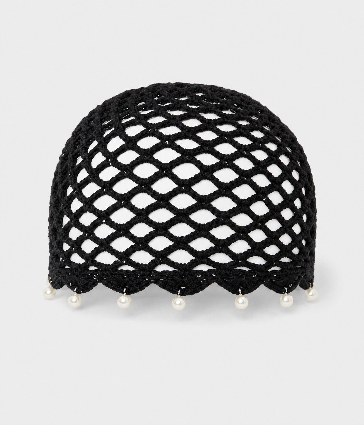 PEARL CROCHET CAP. open-mesh crochet cloche with pearl trim in black, front view