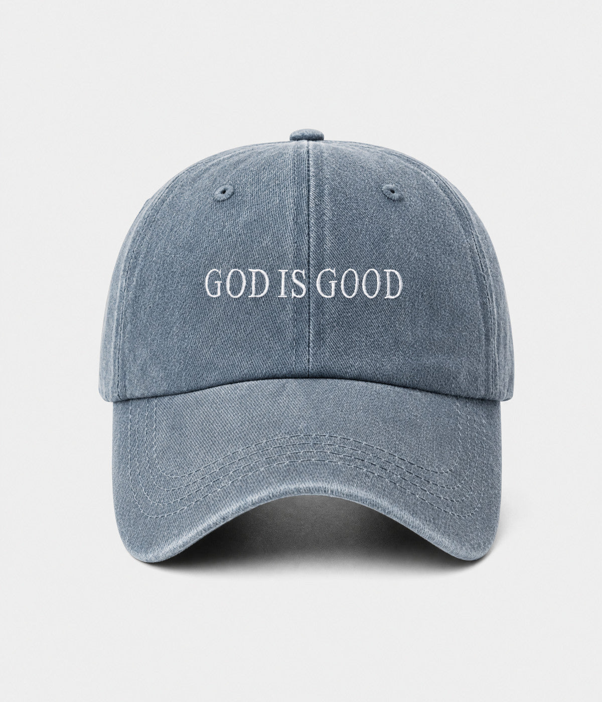 GOD IS GOOD. washed cotton cap in blue, front view