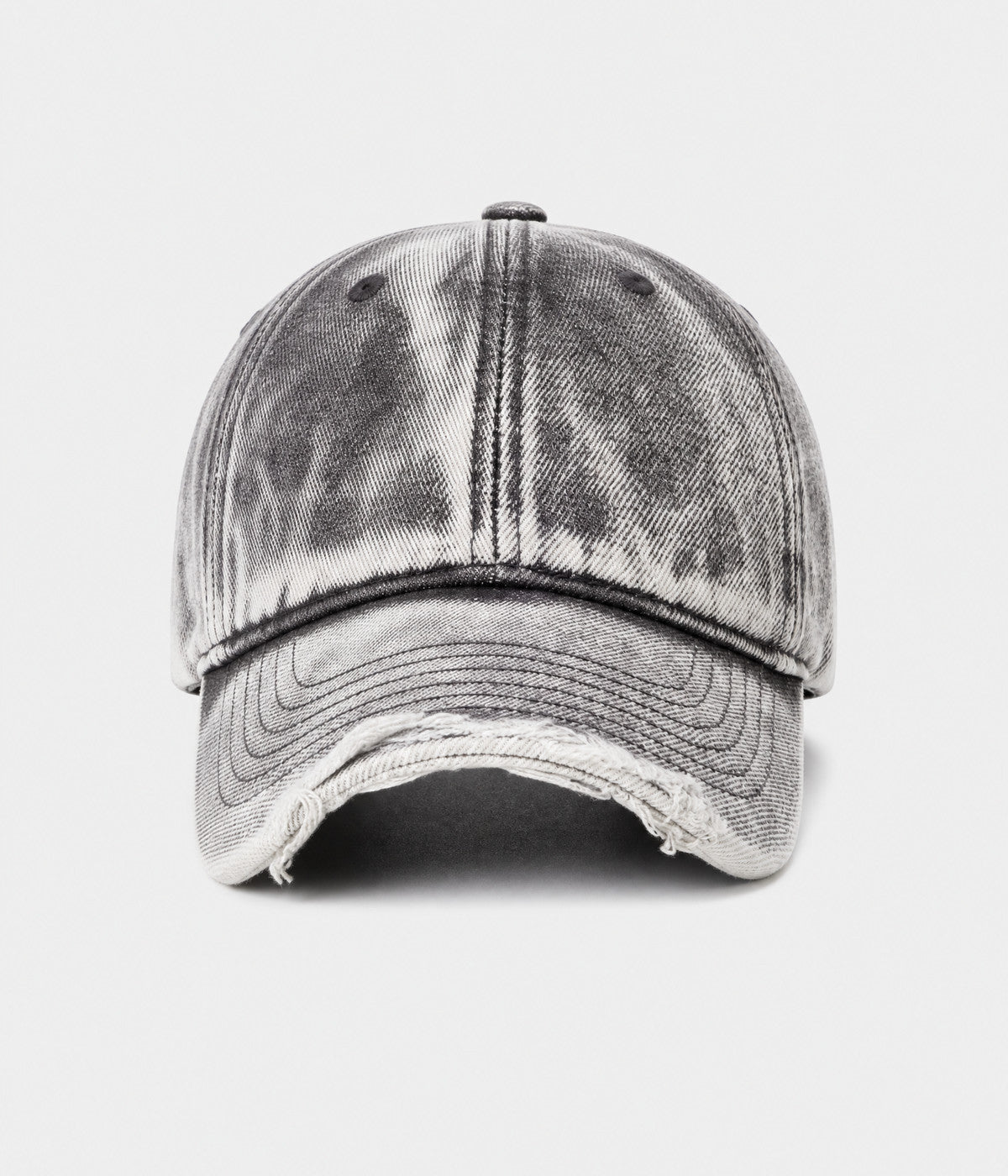 SNOW WASH DENIM. acid-washed denim cap in dark gray, front view