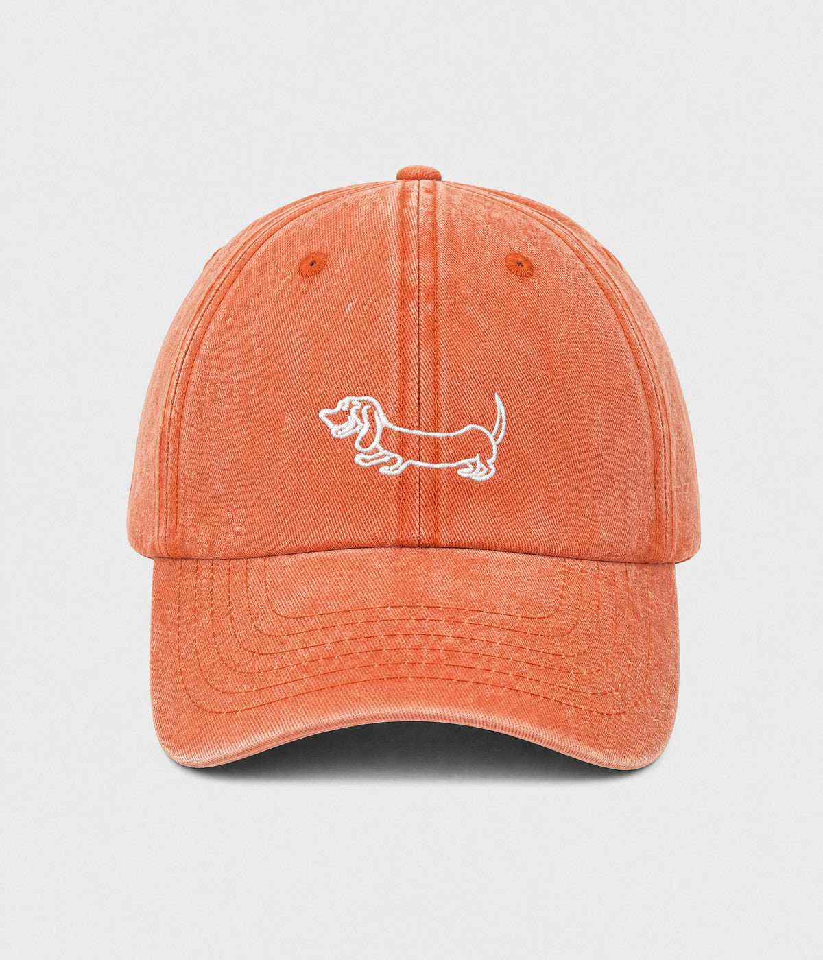 WASHED SAUSAGE DOG. washed cotton cap in ORANGE, front view