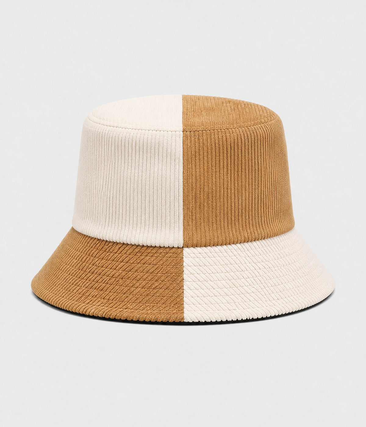 PATCHWORK BUCKET. corduroy bucket hat in BROWN BEIGE, front view