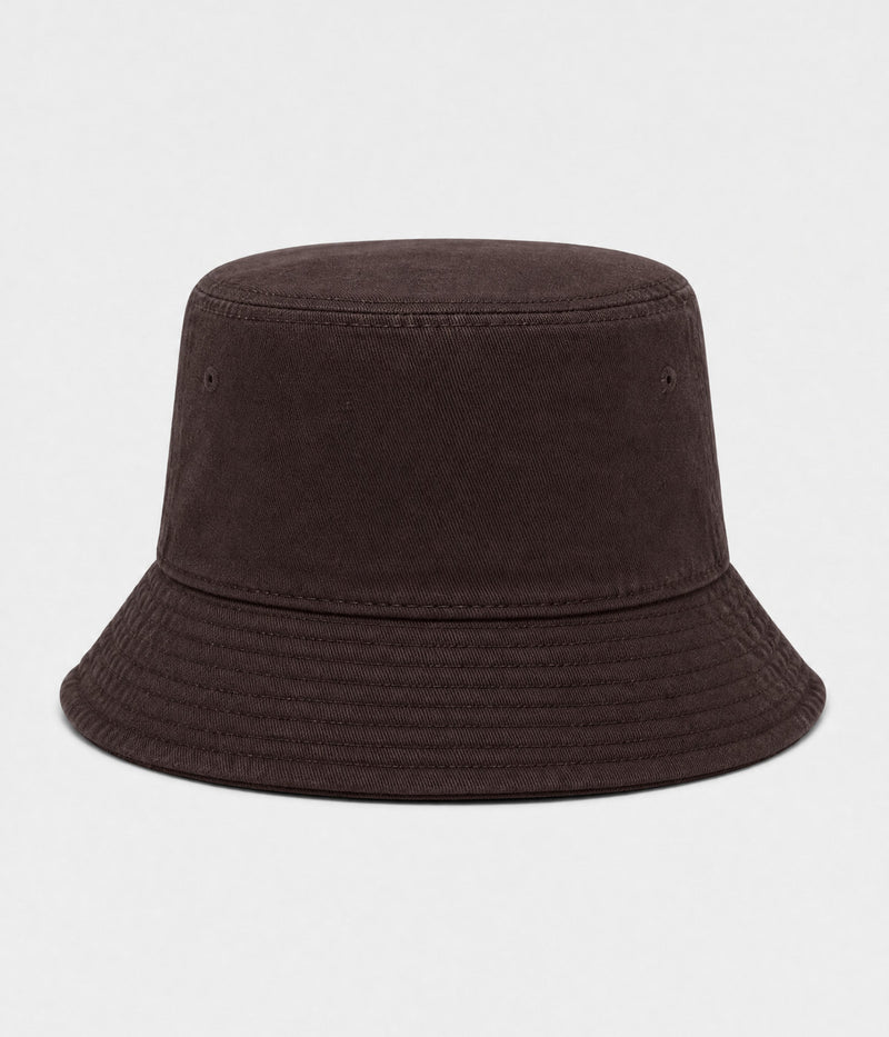WASHED COTTON BUCKET. washed cotton bucket hat in brown, front view