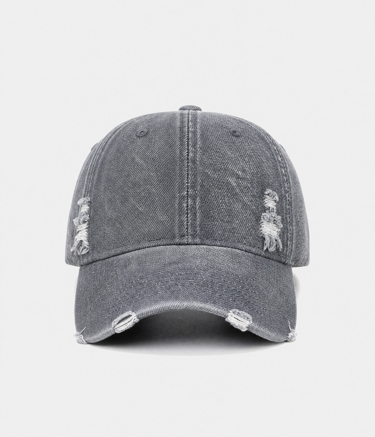 RIPPED DENIM. washed cotton denim cap in dark gray, front view