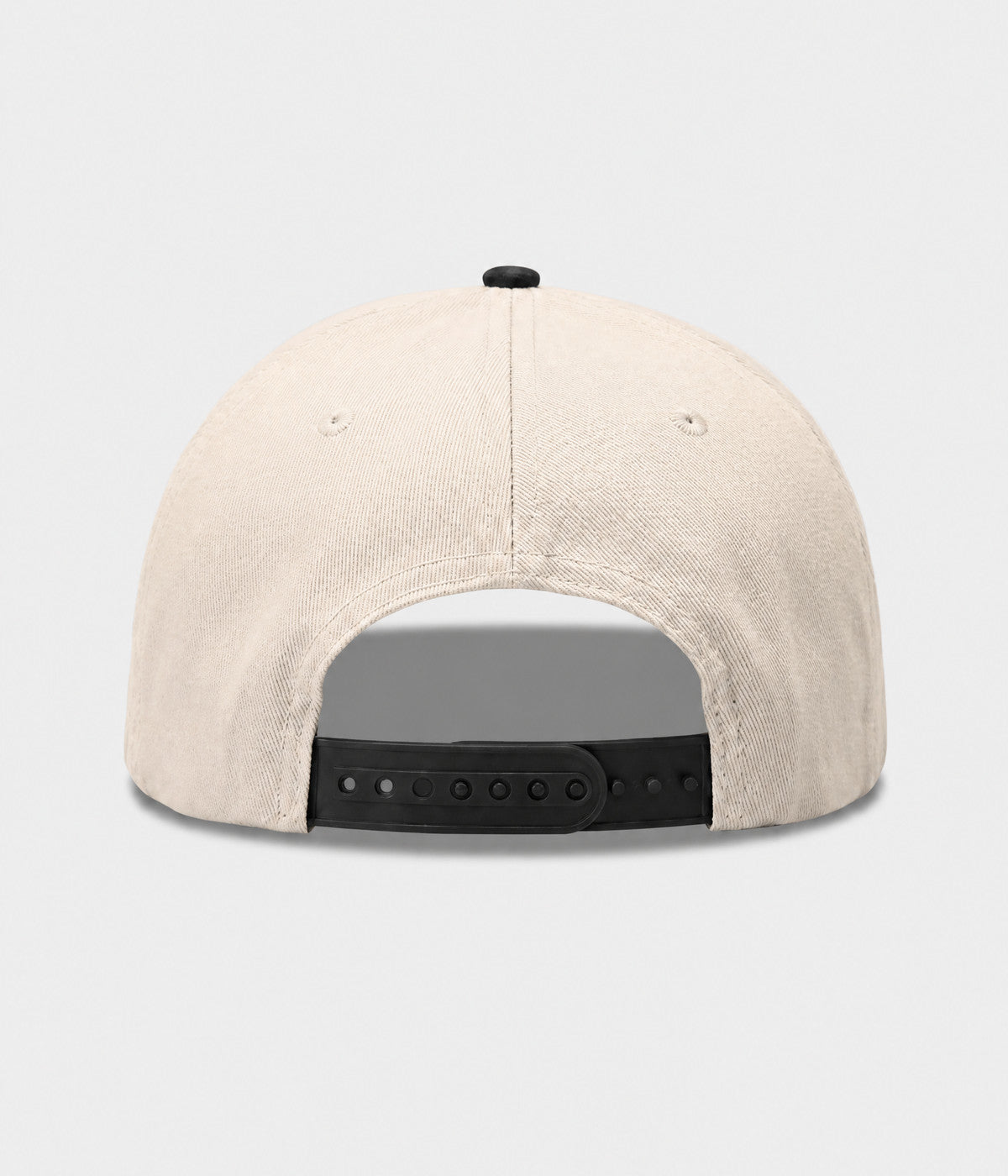 GOOD THINGS TAKE TIME SNAPBACK. cream cotton snapback with BLACK visor, back view