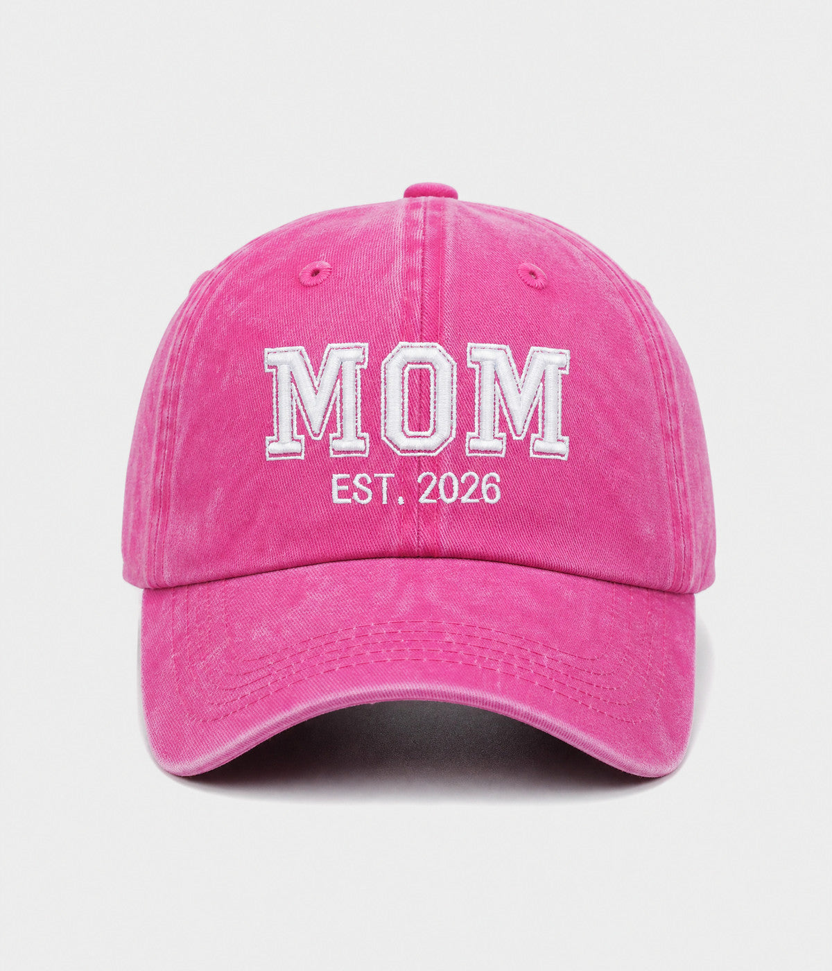 WASHED MOM EST 2026. washed cotton dad cap in ROSE, front view