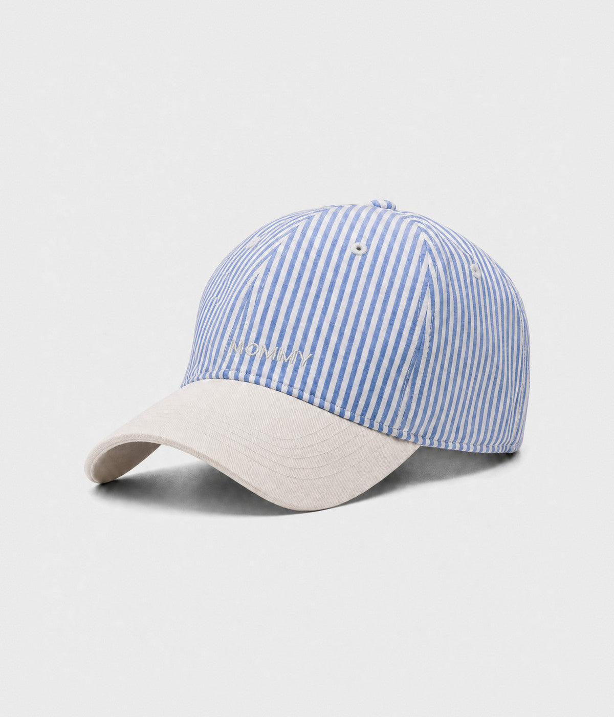 STRIPED MOMMY. striped cotton cap in blue, side view