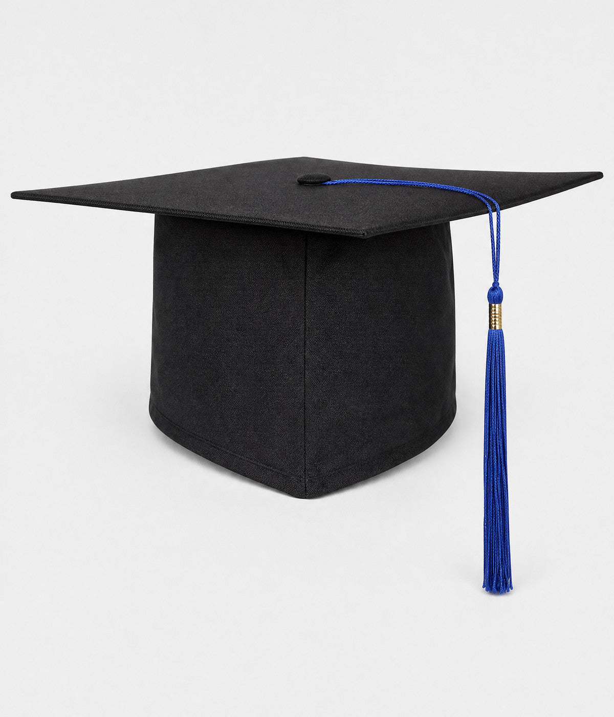 GRADUATION CAP. black mortarboard with royal blue tassel, front view