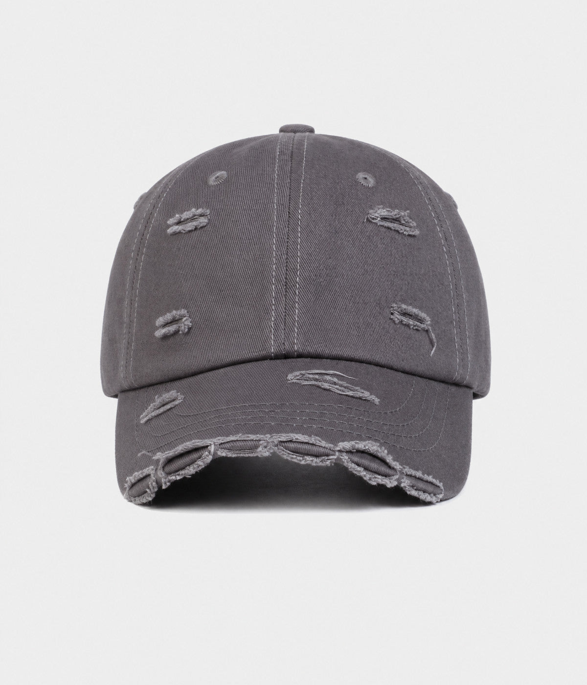 RIPPED COTTON. distressed cotton cap in dark gray, front view