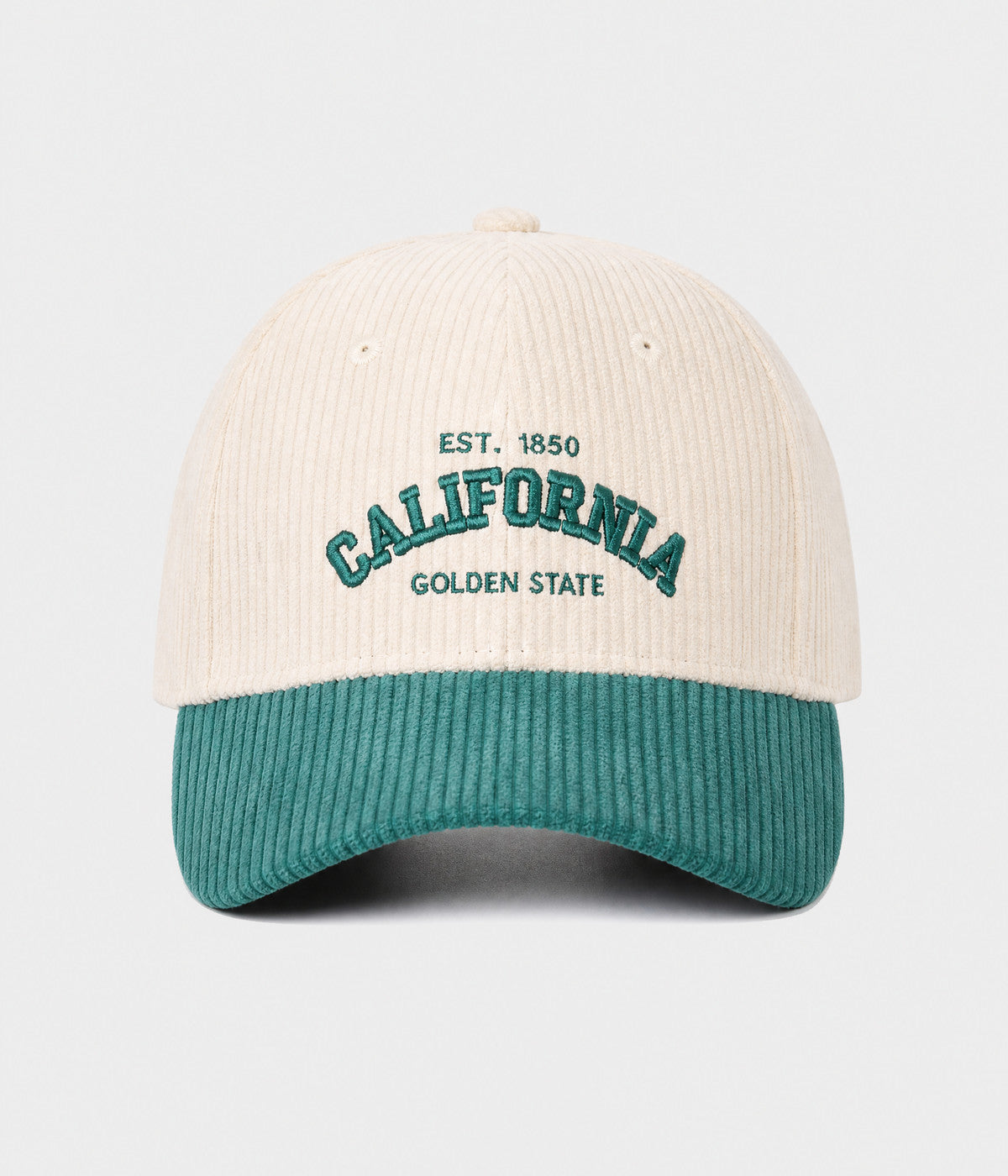 CALIFORNIA CORDUROY. corduroy cap in CREAM/GREEN, front view