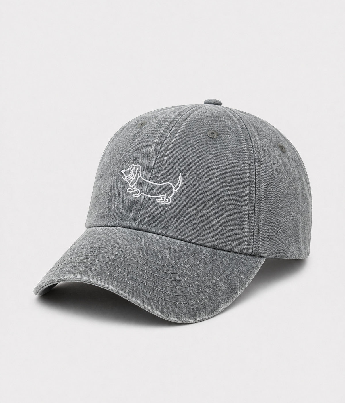 WASHED SAUSAGE DOG. washed cotton cap in GRAY, side view