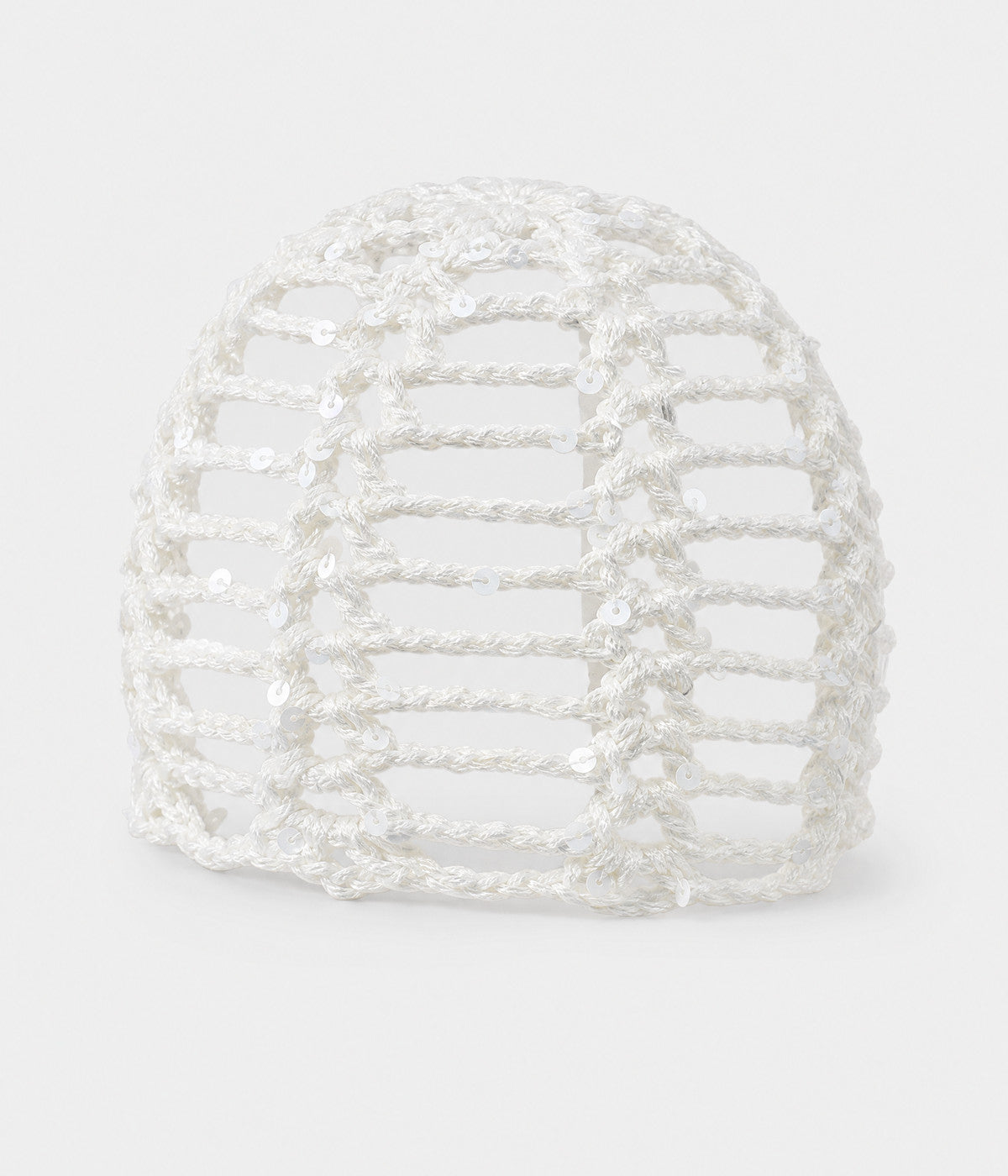 SEQUIN CROCHET CAP. open-work sequin crochet cap in white, front view