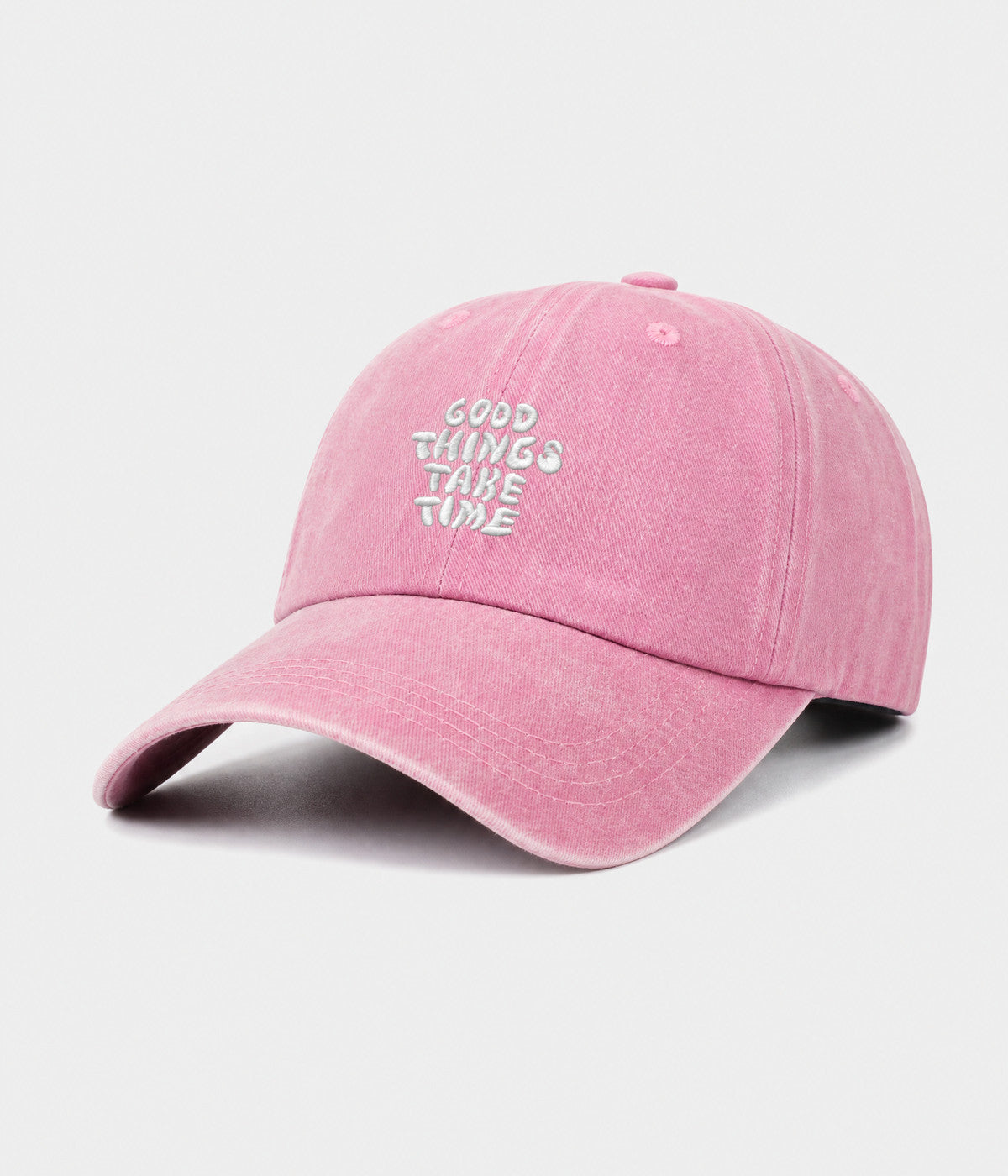 GOOD THINGS TAKE TIME. washed cotton dad cap in pink, side view