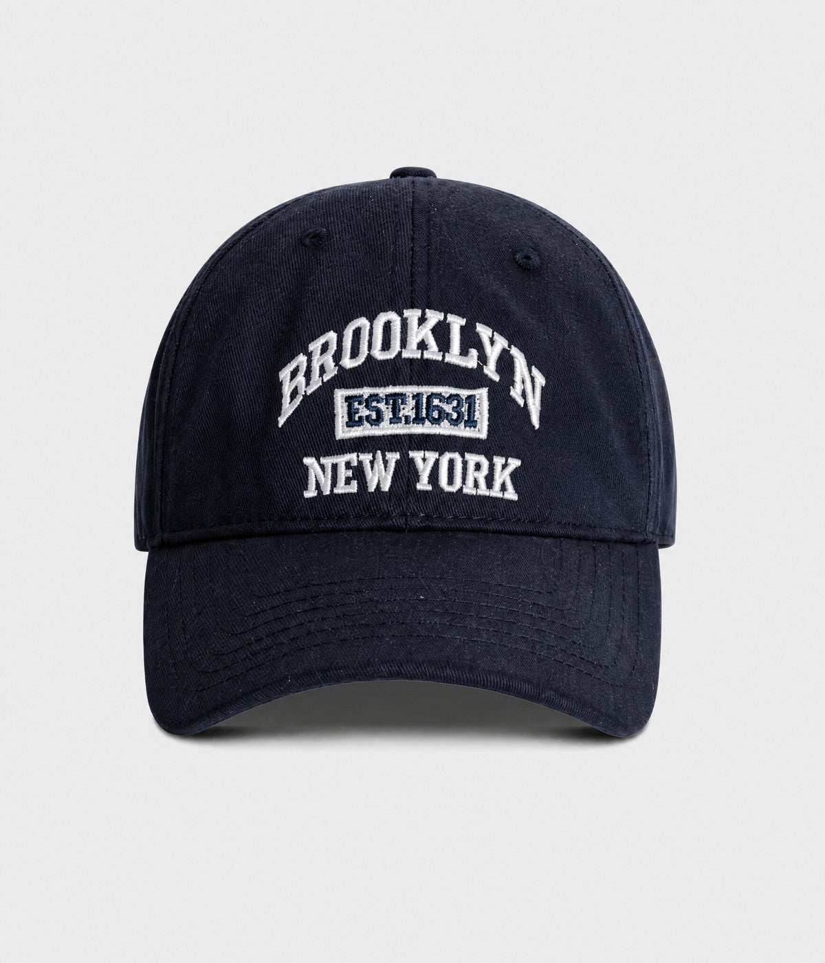 BROOKLYN NY. washed cotton dad cap in navy, front view