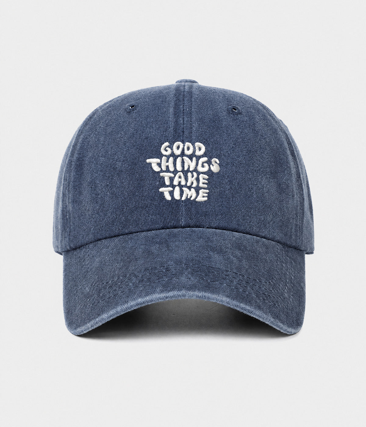 GOOD THINGS TAKE TIME. washed cotton dad cap in navy, front view