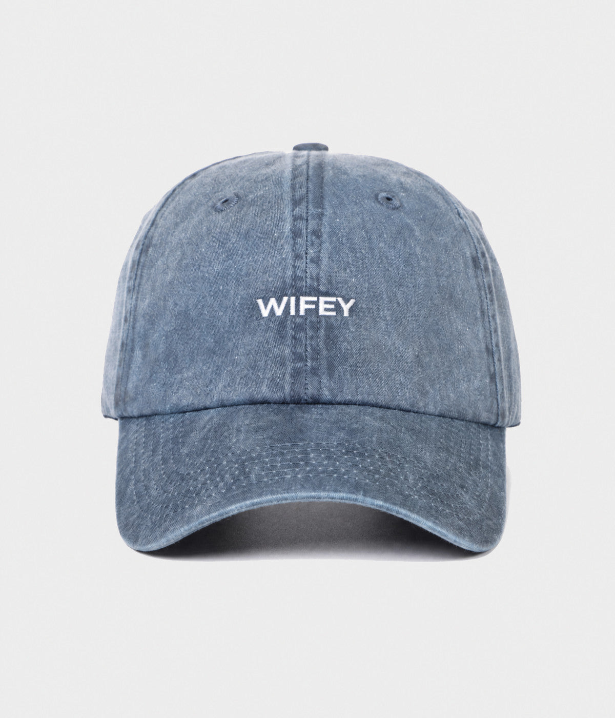 WASHED WIFEY. washed cotton dad cap in NAVY, front view