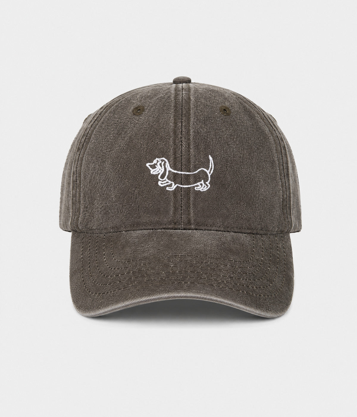 WASHED SAUSAGE DOG. washed cotton cap in COFFEE, front view