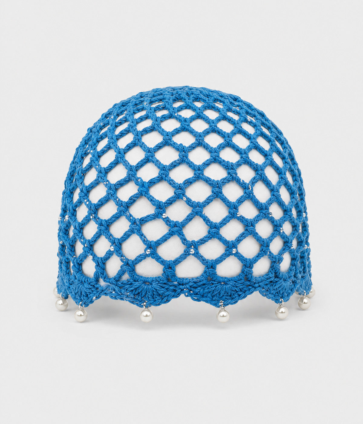 PEARL CROCHET CAP. open-mesh crochet cloche with pearl trim in blue, front view