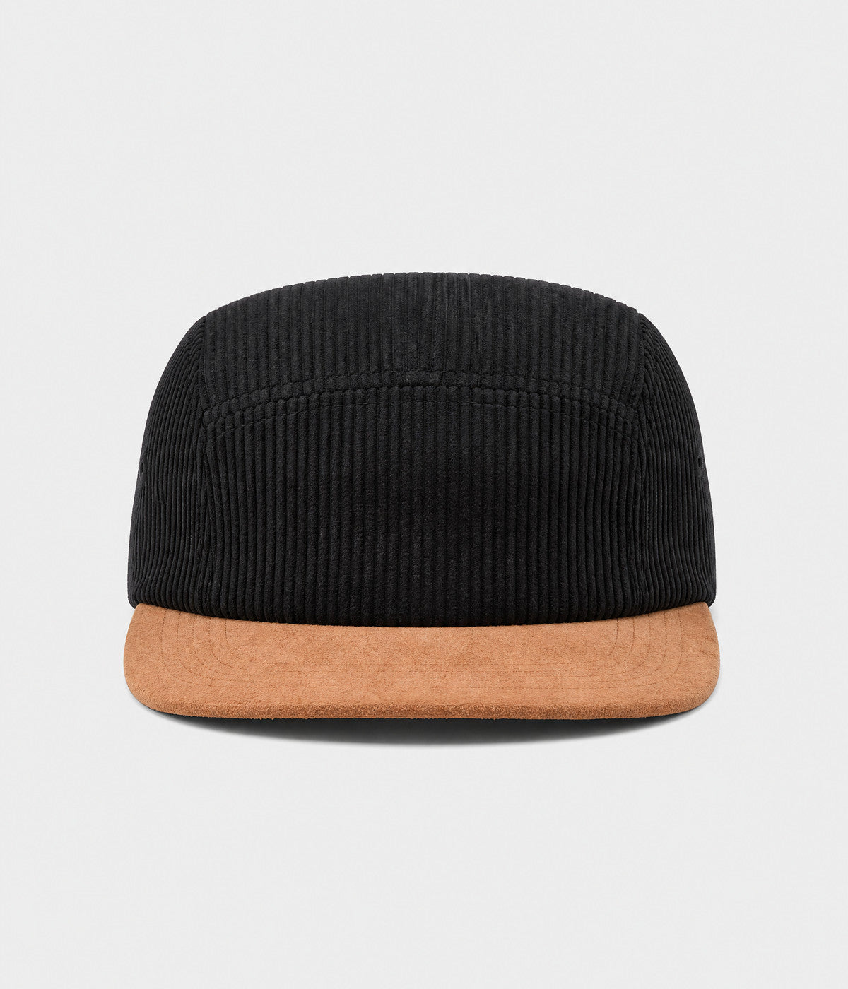 CORDUROY CAMP. wide-wale corduroy five-panel camp cap in black, front view