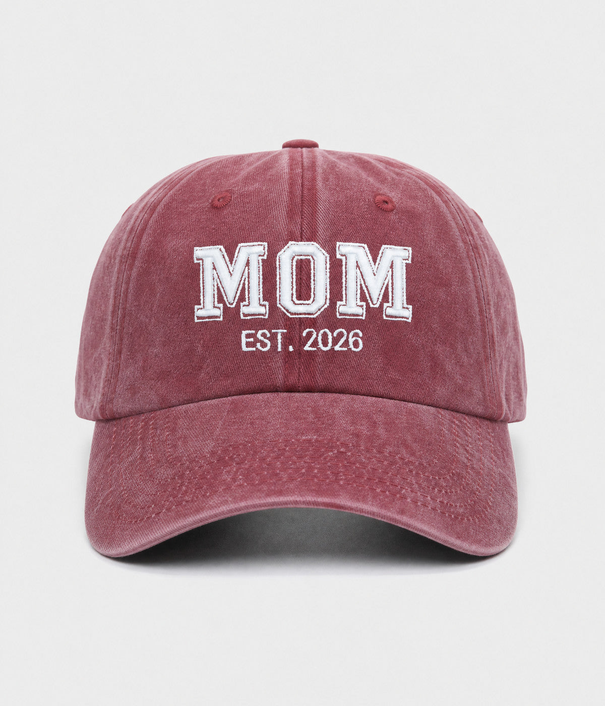 WASHED MOM EST 2026. washed cotton dad cap in RED, front view