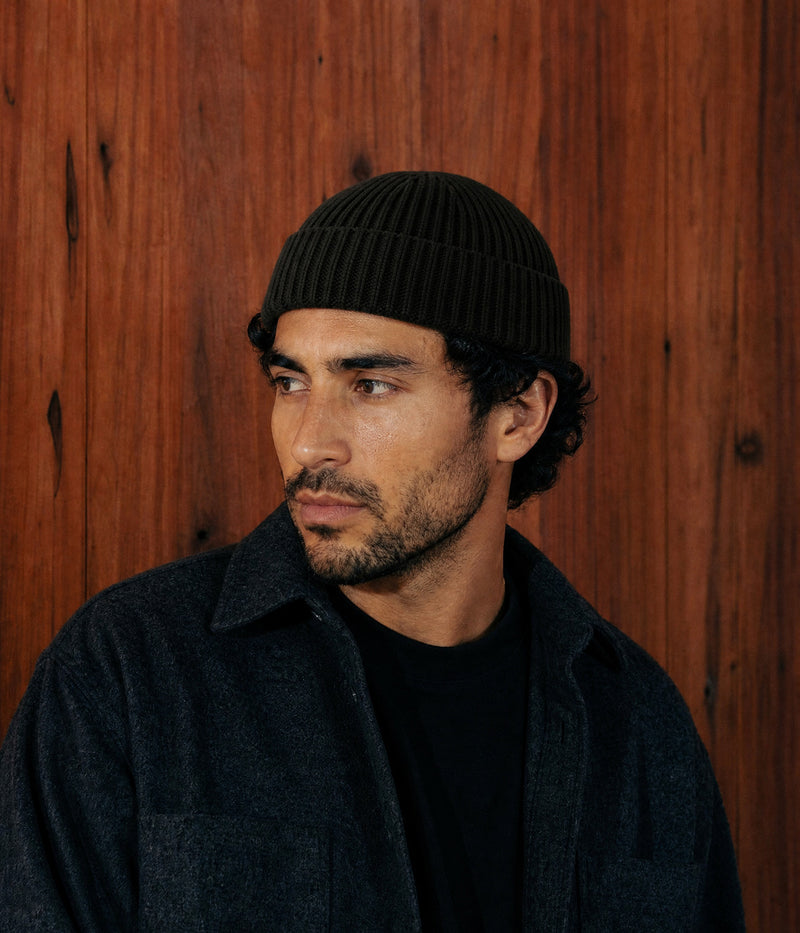 FISHERMAN BEANIE. — BLACK worn