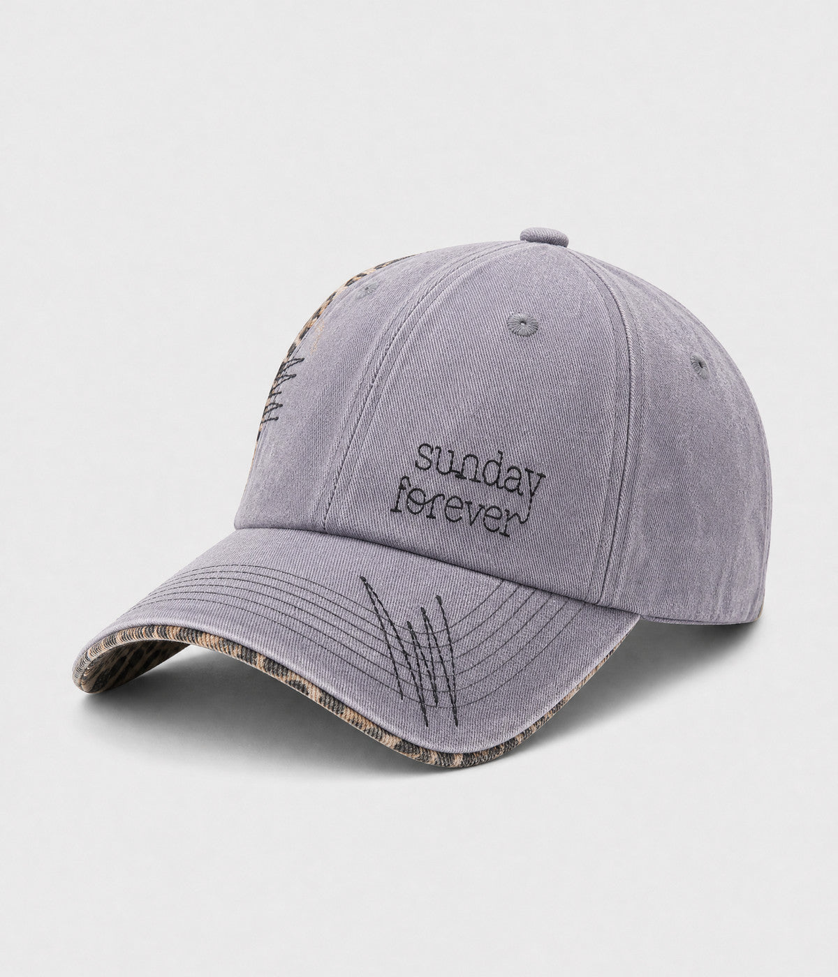SUNDAY FOREVER. washed half-leopard dad cap in GRAY, side view
