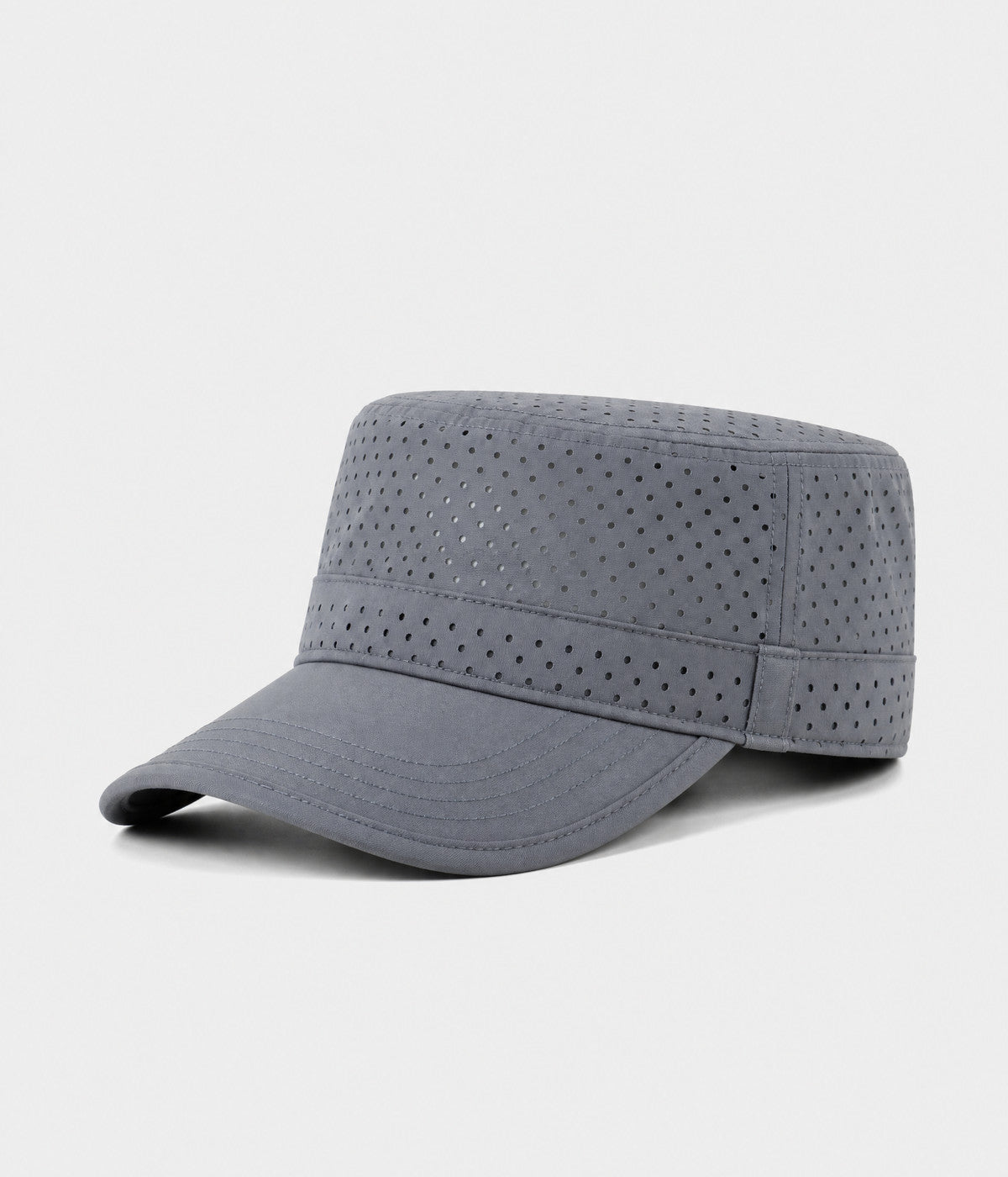 VENTED CADET. perforated cadet cap in grey, side view