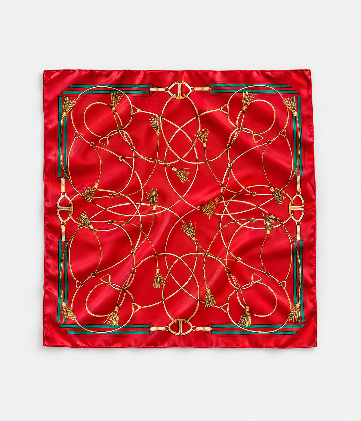 CHAIN HEAD SCARF. red printed silk twill scarf flatlay