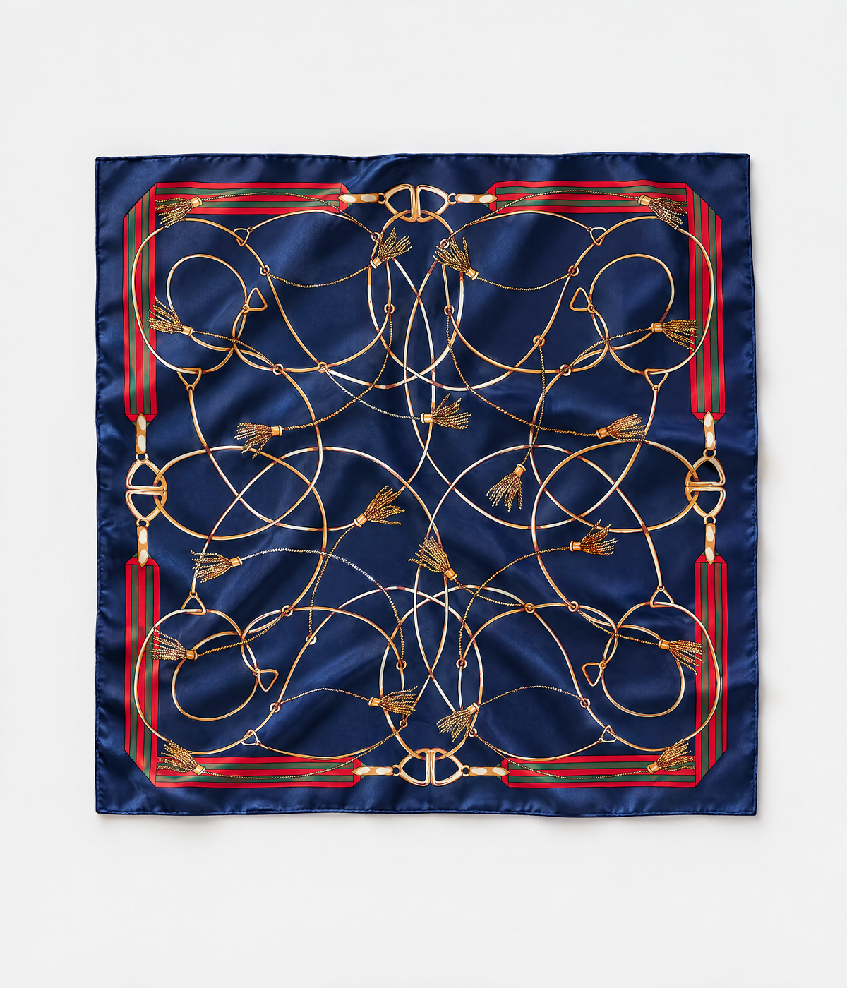 CHAIN HEAD SCARF. navy printed silk twill scarf flatlay