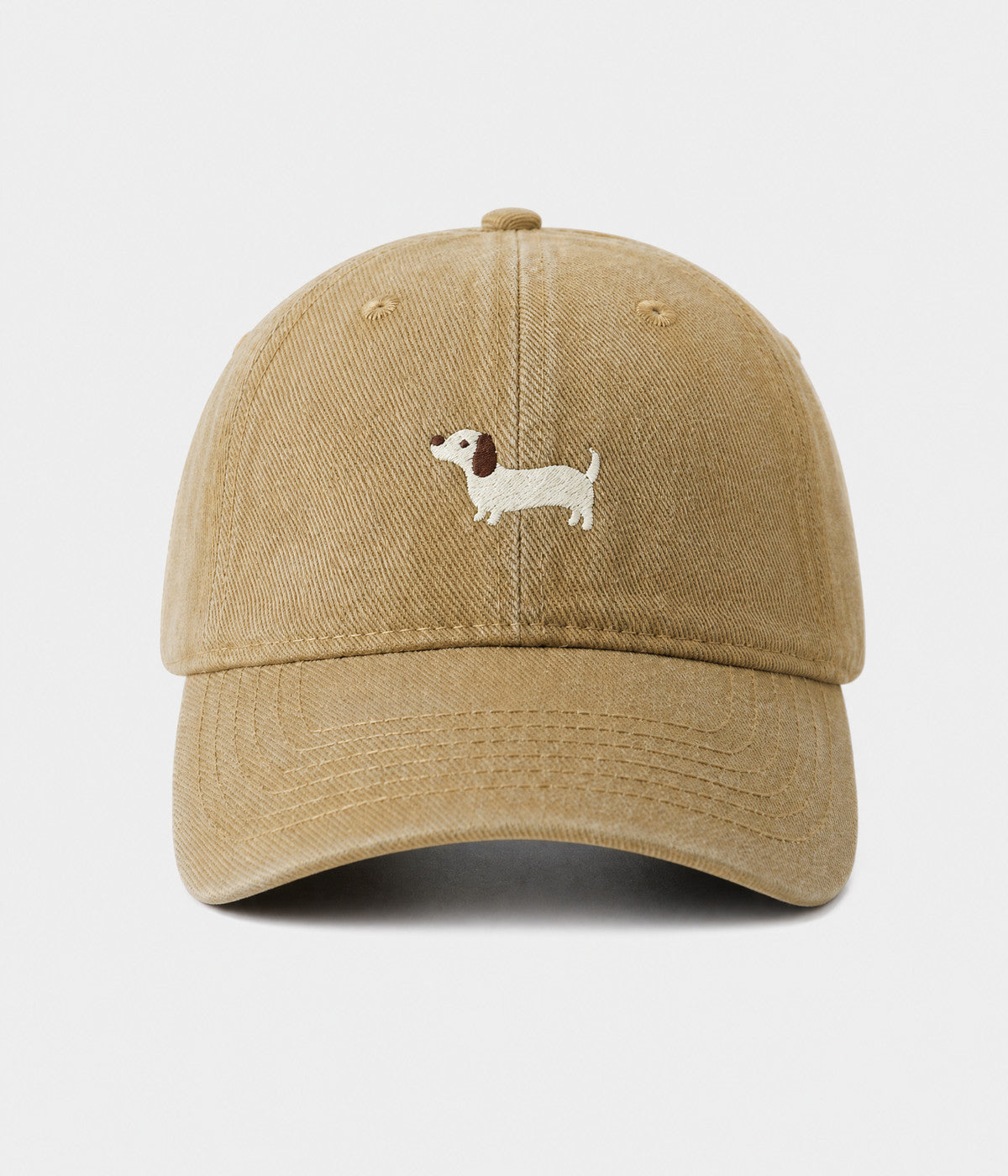 SAUSAGE DOG. washed cotton cap in khaki, front view