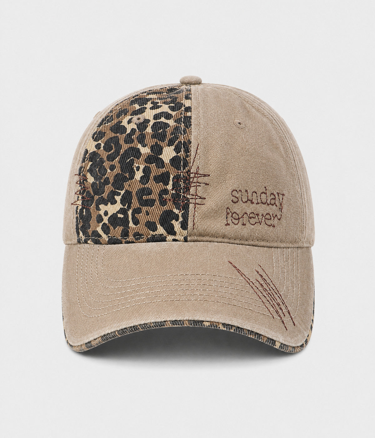 SUNDAY FOREVER. washed half-leopard dad cap in KHAKI, front view