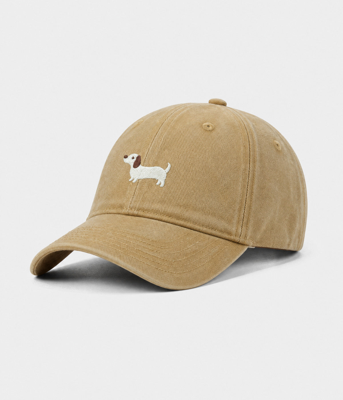 SAUSAGE DOG. washed cotton cap in khaki, side view