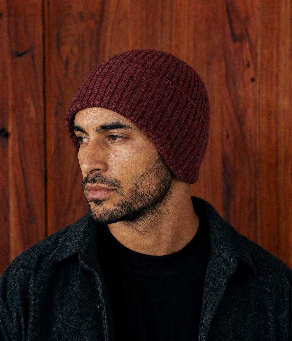 KNIT EARMUFF BEANIE. — DARK RED worn