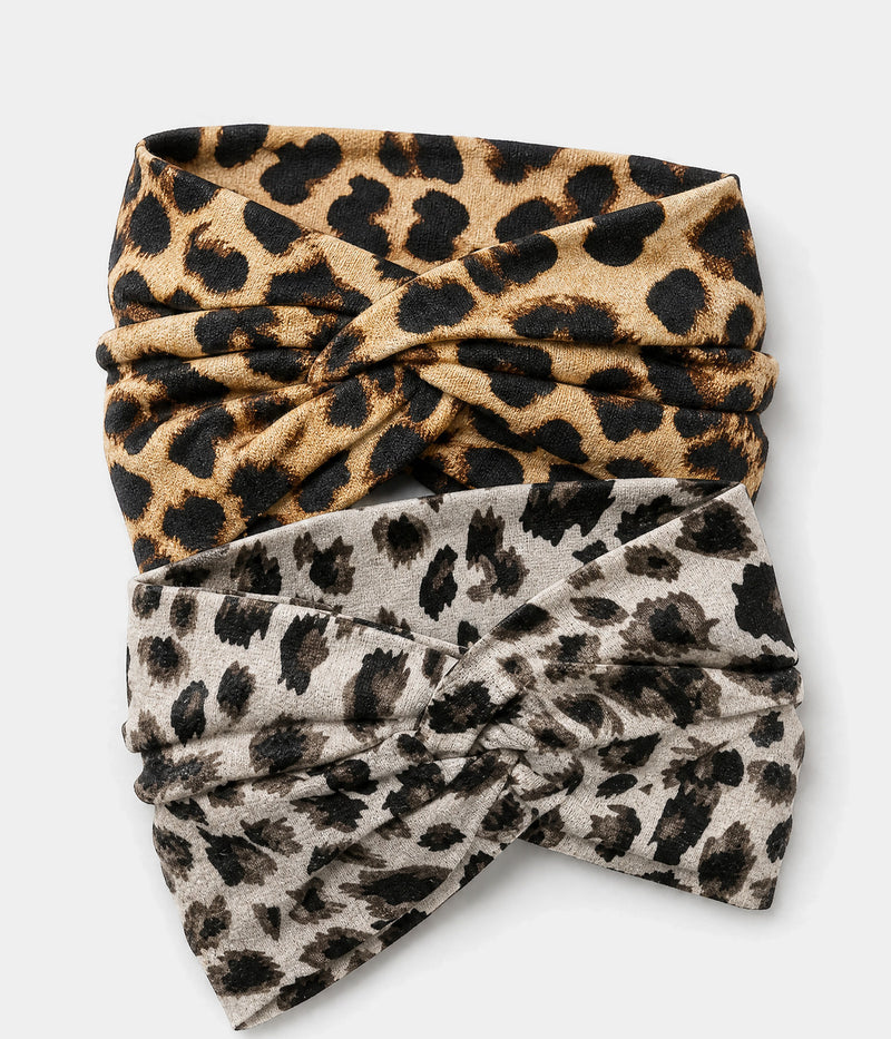 KNOTTED LEOPARD HEADBAND 2-PACK. headband set in LEOPARD, front view