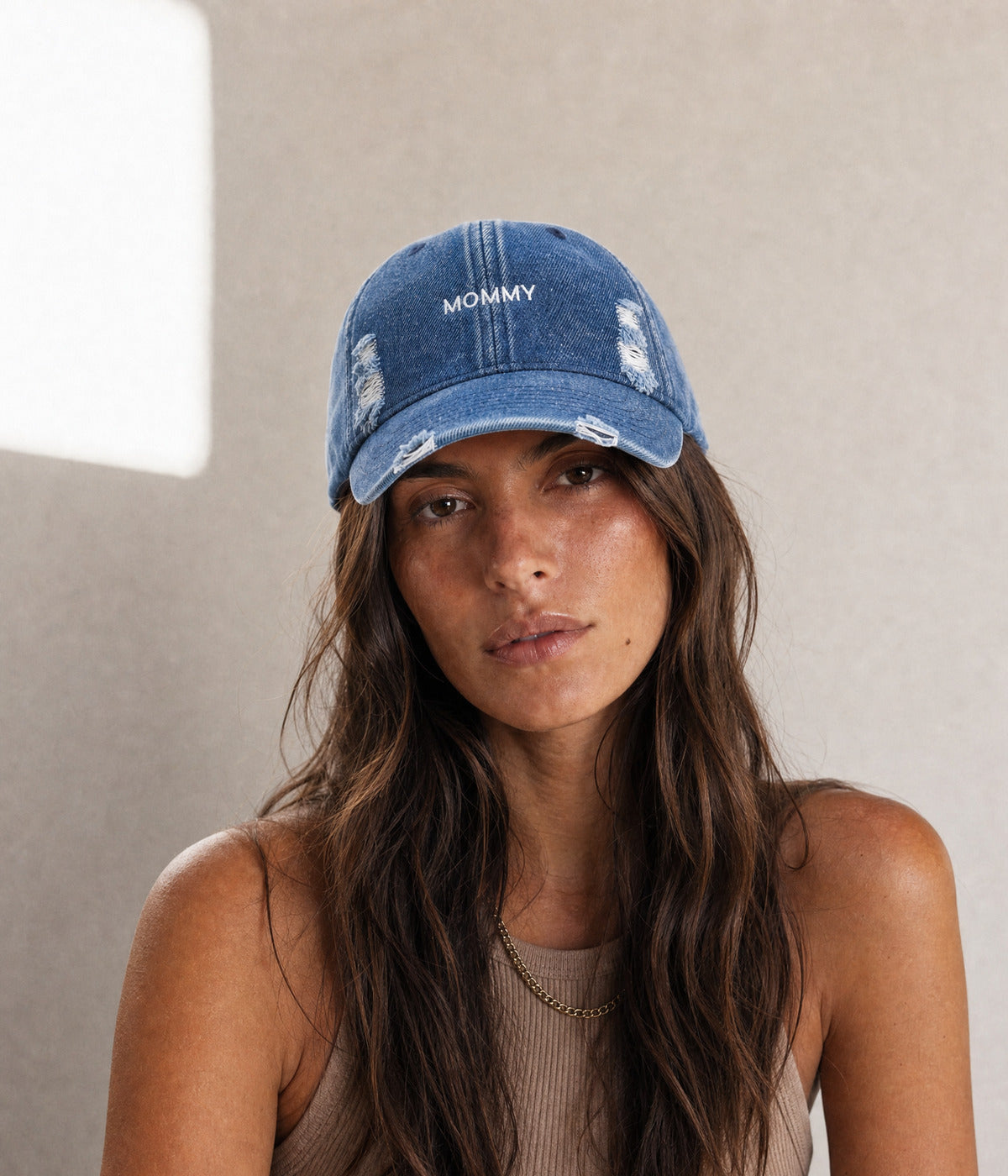 LIMITED EDITION — MOMMY. — DENIM BLUE worn, close up