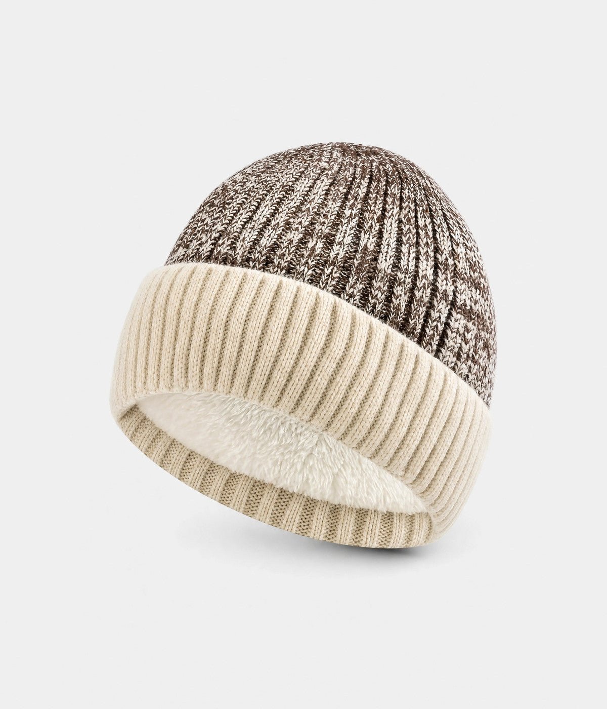 MARLED FLEECE BEANIE. fleece-lined knit beanie in BEIGE, front view