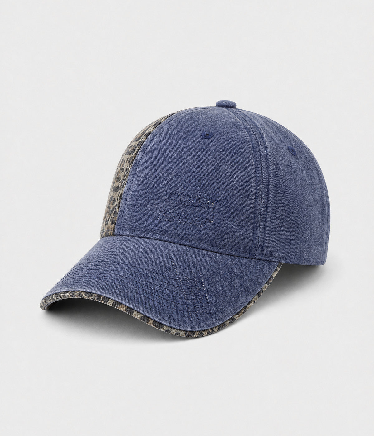 SUNDAY FOREVER. washed half-leopard dad cap in NAVY, side view