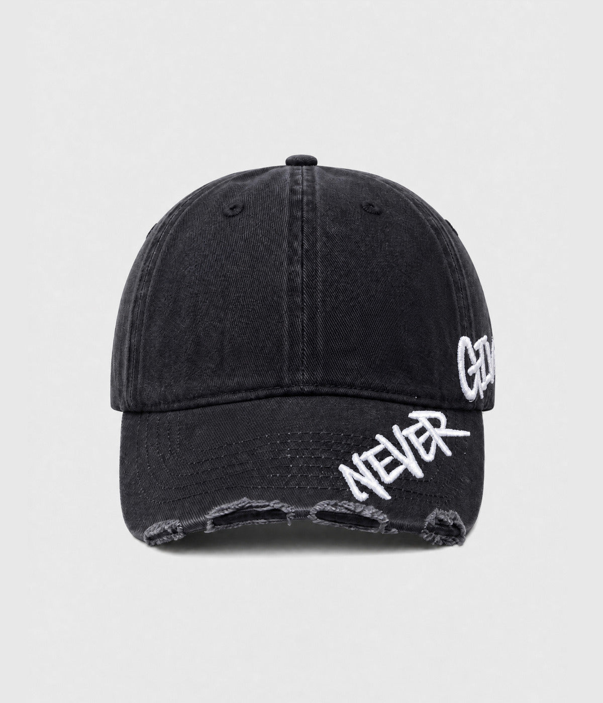 NEVER GIVE UP. washed distressed cotton dad cap in BLACK, front view