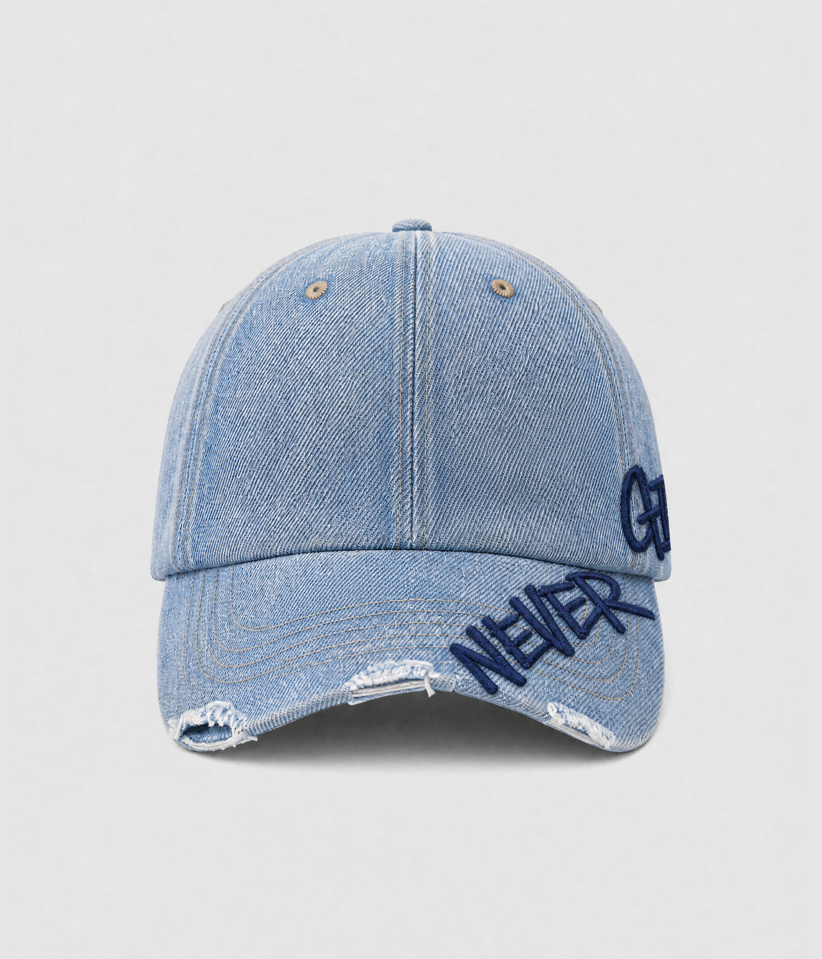 NEVER GIVE UP. washed distressed cotton dad cap in DENIM, front view