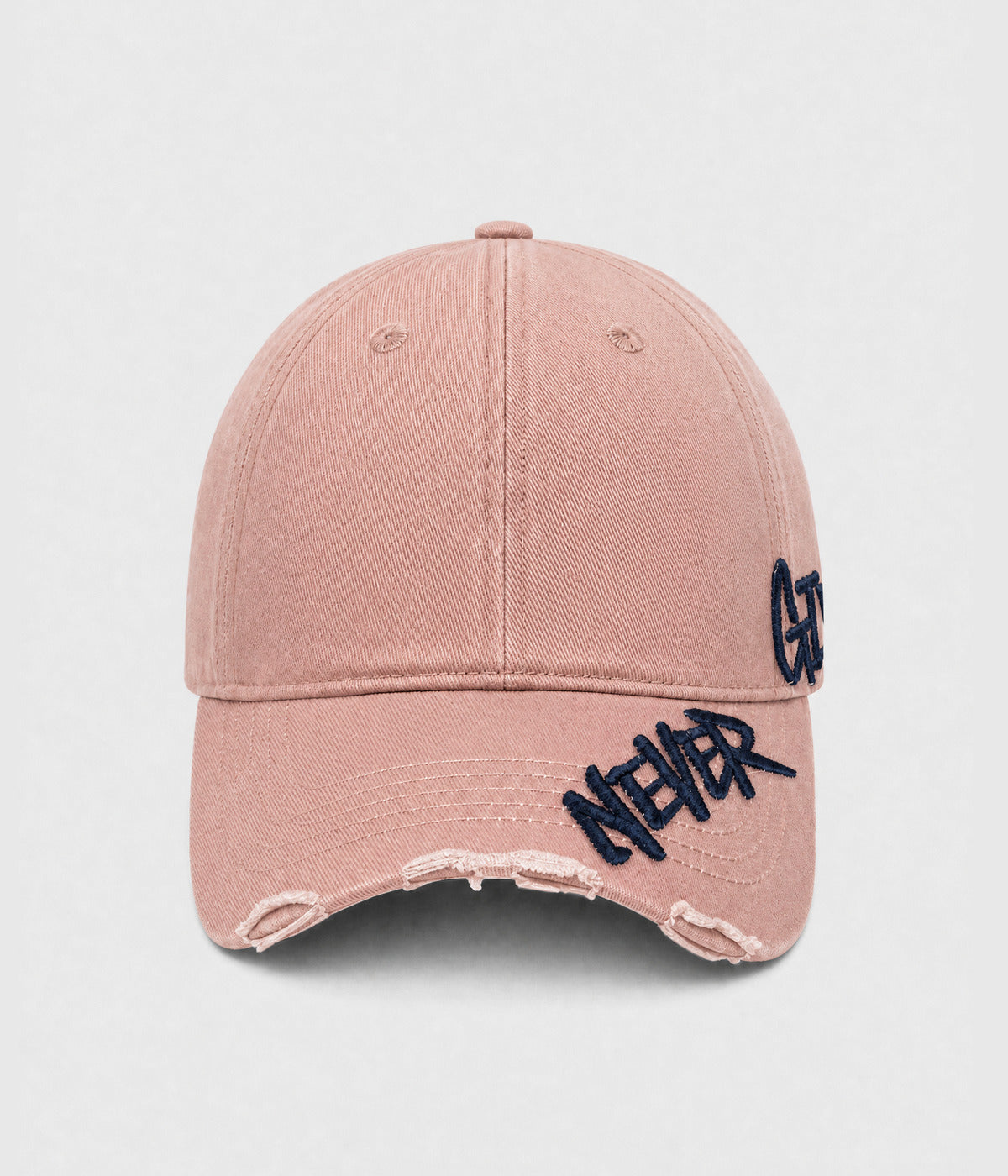 NEVER GIVE UP. washed distressed cotton dad cap in PINK, front view